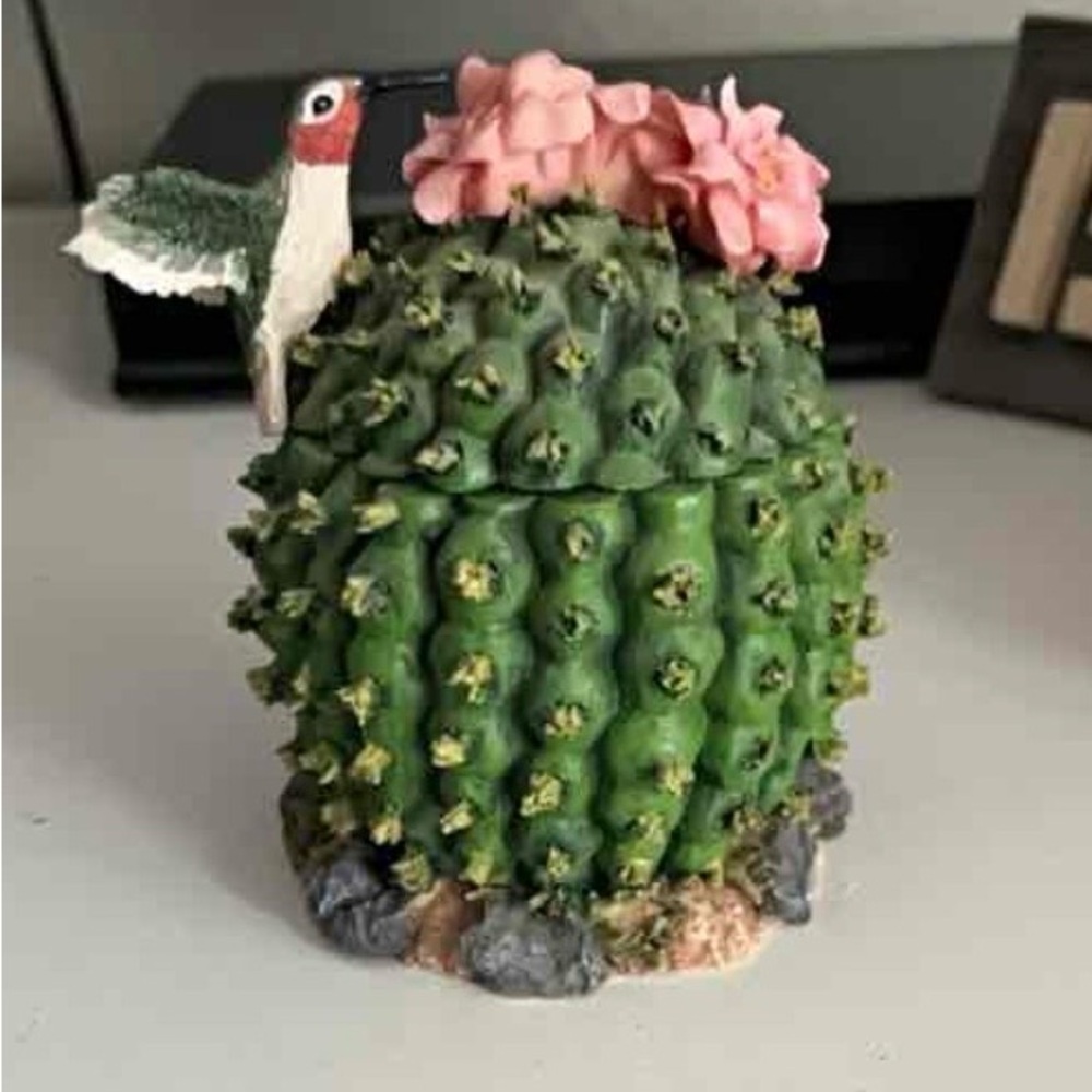 Charming Green Cactus with Pink Blooms and Hummingbird